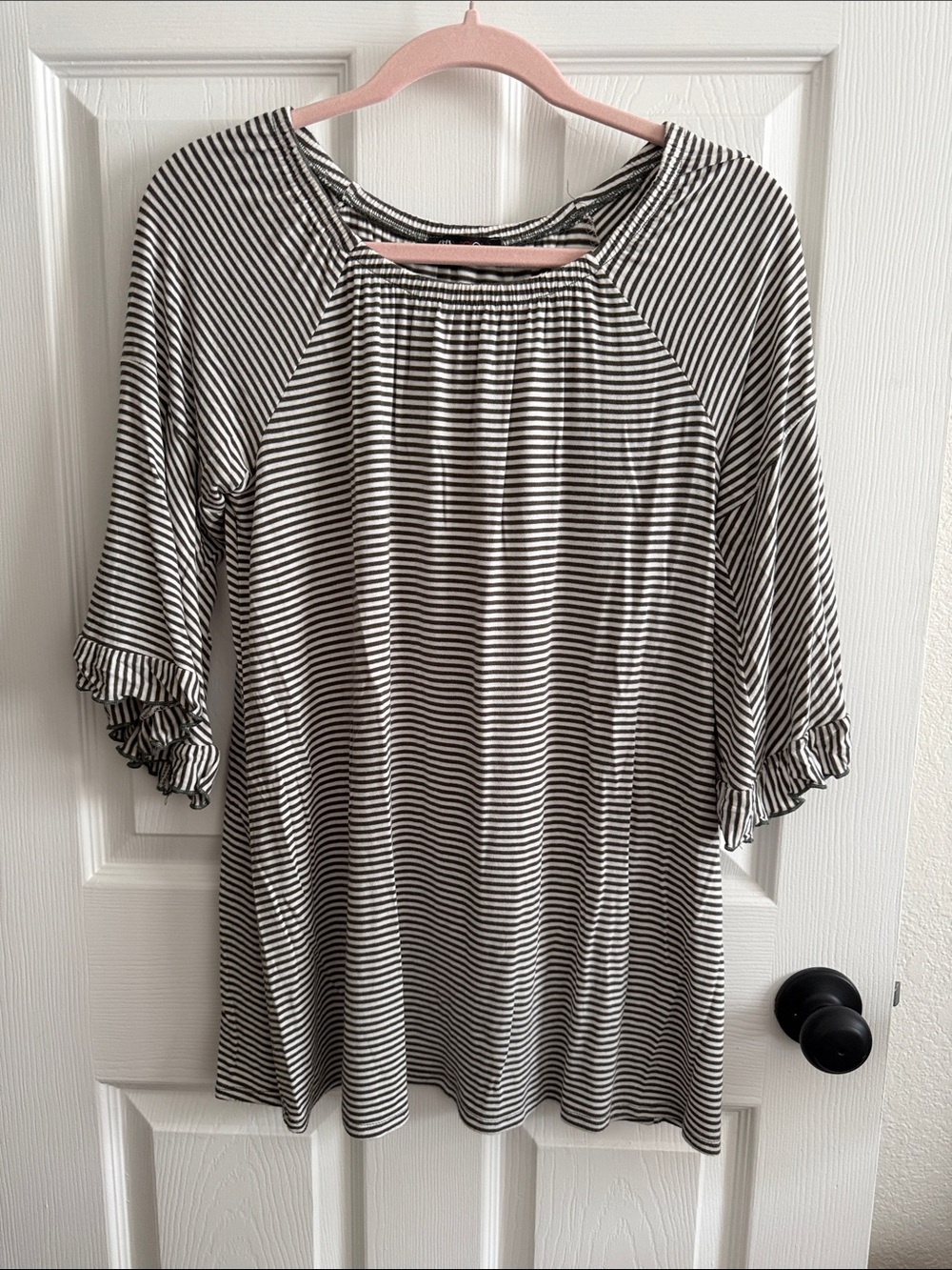 Black and White Striped Ruffle Sleeve Women's Tunic